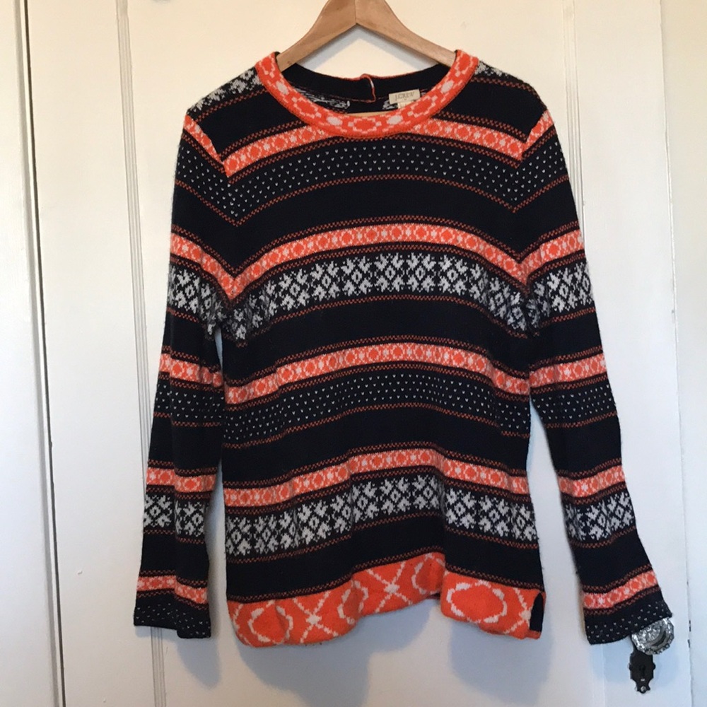 J.Crew Navy + Coral Fair Isle Sweater SZ L